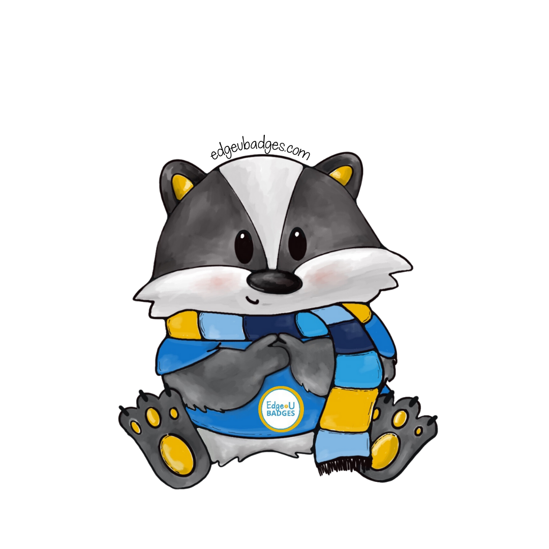badge graphic showing edge-U badger mascot wearing a blue and yellow scarf
